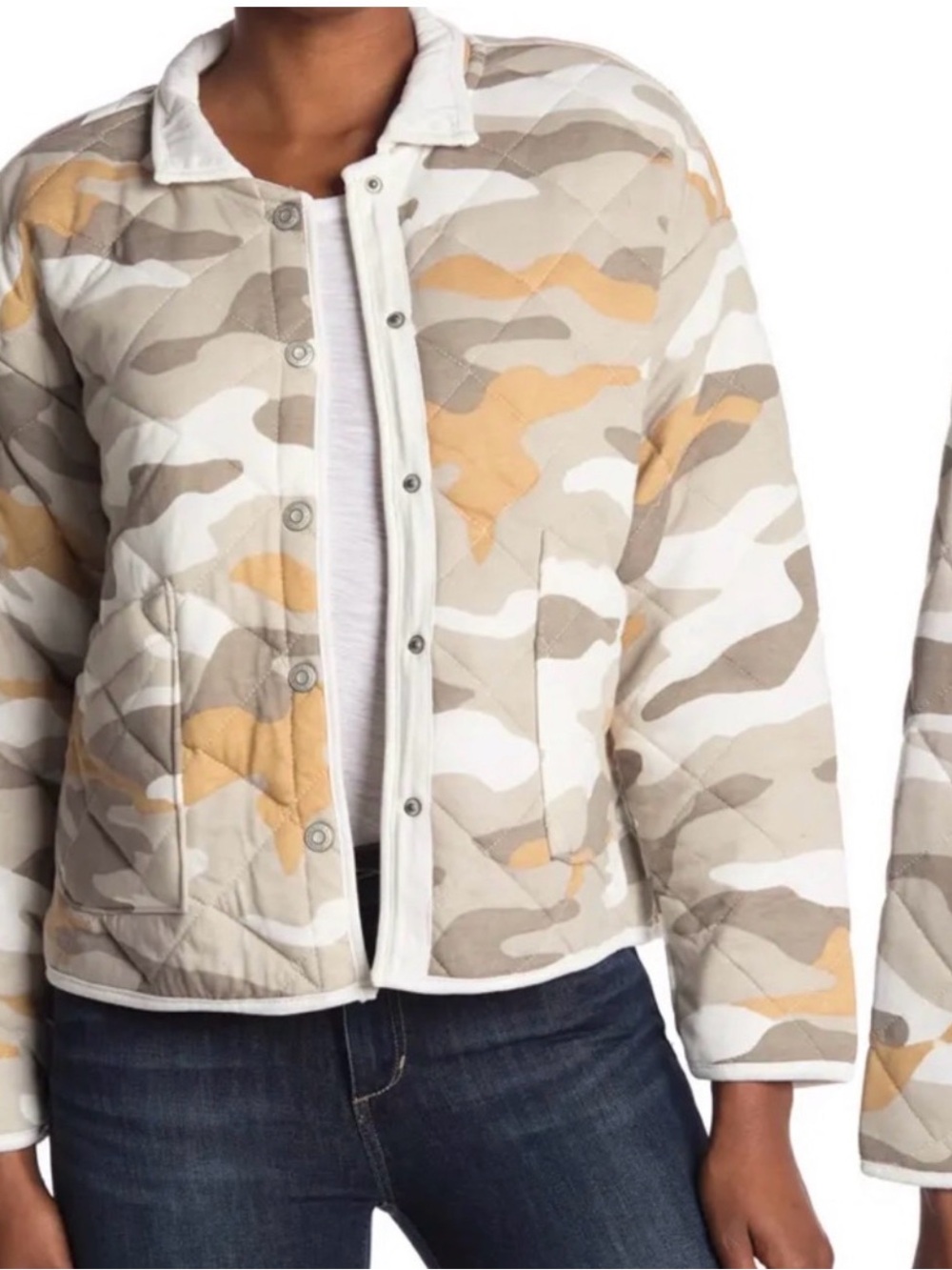 Kensie Jeans Quilted Gray Tan Camouflage Spring Jacket Snaps Women’s Size M